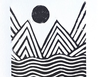 ミニマルな風景画 - 海、太陽、山 - ミニマルなリノリウム版画 - 黒のリノカット壁画 - 海に沈む夕日のポスター
