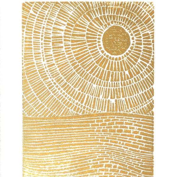 Sunset on the ocean - Hand-pressed linocut print - 8x10 Minimal textured poster- Metallic gold bronze - Ocean block print - Gold leaf