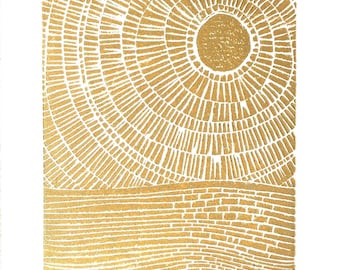 Puesta de sol en el océano - Impresión en linograbado prensado a mano - Póster con textura minimalista de 8 x 10 - Bronce dorado metálico - Impresión en bloque del océano - Pan de oro