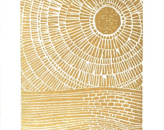 Sunset on the ocean - Hand-pressed linocut print - 8x10 Minimal textured poster- Metallic gold bronze - Ocean block print - Gold leaf