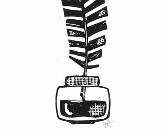 Linocut print - Antique black ink well and feather quill pen - Linoleum block print - 8x10 - Hand pulled relief linoprint - Gifts for writer