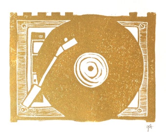 Metallic gold print - Record player linoprint - Hand-printed linocut relief print- Record player linoleum block print - music wall art 8x10