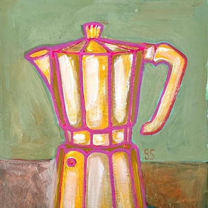 May include: An original painting of a yellow and pink coffee maker. The coffee maker is painted with a pink outline and sits on a brown and green background. The painting is on a white background.