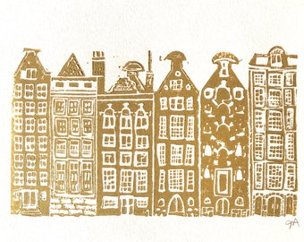 Gold Canal Houses in Amsterdam - Hand-pulled linoleum block print - Wood block linocut 8x10 in metallic gold - Netherlands poster