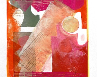 Monoprint - Abstract multi-color of a cityscape - Printmaking linocut wall art print - Linoleum block modern sunset painting in red orange