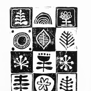 Scandinavian folk art, pretty things found in nature, Linocut relief print 8x10 Linoleum block linoprint - Black leaves - Swedish folk art