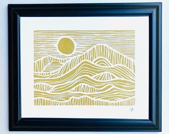 Abstract sunrise on the mountains and sea - Minimal gold 8x10 geometric Scandinavian linocut print - sunset on the mountains - Metallic gold