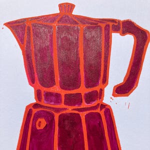 May include: A hand-drawn illustration of a coffee maker in shades of burgundy and orange. The coffee maker has a classic design with a handle and a spout. The artwork is outlined in orange, creating a bold contrast against the burgundy body.