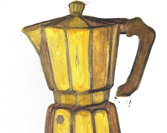 Original acrylic painting - Italian coffee Moka pot for stovetop espresso - Gold, bronze, and copper Bialetti linocut mixed media - 8x10