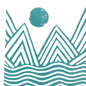 Sun, mountains, and sea - 8x10 Minimal linocut print in robins egg blue - Linoleum block print in light blue - Abstract landscape wall art