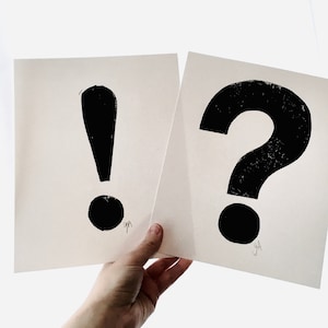 2 prints - Interrobang! One question mark and one exclamation point - linocut letterpress print - Linoleum block relief linoprint 8x10