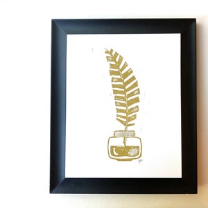 Gold inkwell and feather quill pen - Linoleum block print - Linocut print - Hand pulled relief print - Printmaking wall art - gold feather