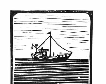 LINOCUT print - Fishing boat on the ocean - 8x10 black minimal insect