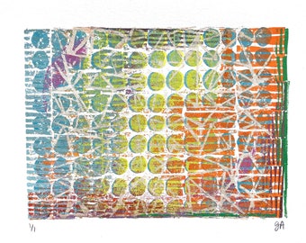 Monoprint - Abstract multi-color relief print - Printmaking linocut wall art print - Linoleum block modern painting - Horizontal geometric
