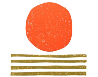 Sunset on a shimmery ocean - Minimal gold and orange Bauhaus abstract linocut print 8x10 - Sunset landscape poster - Beach art
