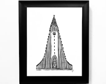 Reykjavik Tower of Hallgrimskirkja linocut - Iceland travel poster - Relief print - Reykjavik wall art - Scandinavian linoleum block print