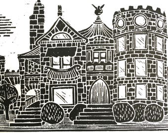 LINOCUT print - Campbell Castle - 8x10 minimal Wichita poster