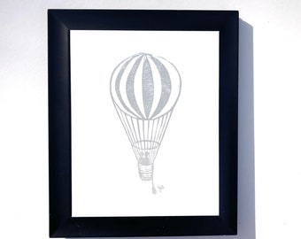 Hot air balloon print 8x10 - Minimal valentine linocut poster in silver-grey - Linoleum print anniversary art - Couple in love - Linoprint