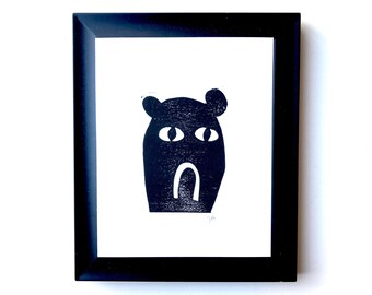 Trauriges kleines Monster Linoldruck - 20x30 Linoldruck - Schwarzer Reliefdruck - Traurige Kunst - Stirnrunzeln Druck - Linoldruck Wandkunst