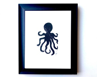 Minimal black octopus - hand pressed linocut poster 8x10 nautical marine animal wall art - Linoleum block print - Hand pulled relief print