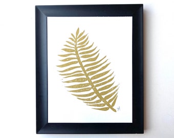 Palm leaf linocut print - Shimmery metallic gold hand pulled relief print 8x10 - Linoleum block print - Sweet, minimal hand pressed wall art