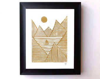 Gold Sailboat in the Norwegian fjords linocut print - Sun on the mountaintops landscape - Minimal linocut block print - Ocean print wall art