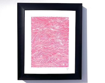 BLOCK PRINT - hot pink wall art - topographical map print - Minimal 8x10 abstract linocut print - relief block print