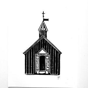 Iceland Church, Snæfellsnes peninsula. Black linocut 8x10. Búðakirkja church print. Iceland travel poster. Handmade printmaking.