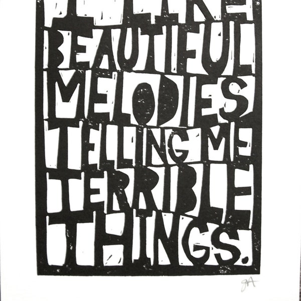 Tom waits quote BLACK linocut block print typography - I like beautiful melodies telling me terrible things 8x10 - Paper cut style