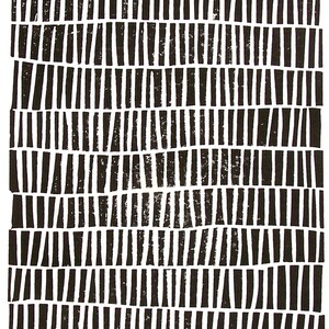 May include: Black and white abstract print with a repeating pattern of vertical lines. The lines are arranged in a wavy pattern, creating a sense of movement.