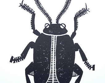 Beetle linocut print - bug poster - letterpress paper - Hand pulled insect wall art - Linoleum block relief print - printmaking wood block
