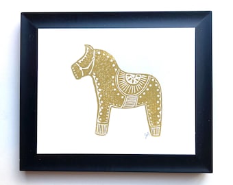 Dala Horse relief print - Metallic gold Scandinavian folk art horse print wall art - Swedish poster - Linocut print - Linoleum block art