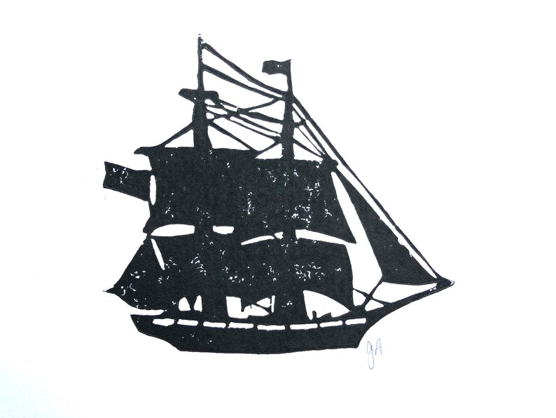 Minimalistischer Segelboot Linoldruck 8x10 Wandbild Maritimer Linoldruck in schwarz Piratenschiff auf dem Ozean Linoldruck Bild 6