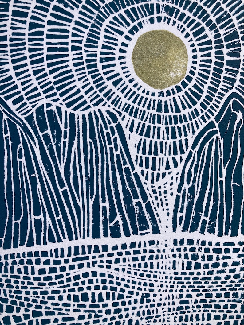 Moonrise on the ocean and mountains Blue linocut print Gold sun, gold moon Hand pulled relief linocut print National park poster image 3