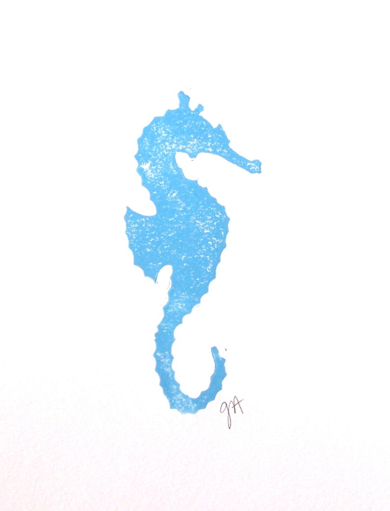 Minimal sky blue Seahorse Linoleum block print 8x10 Minimal gallery wall Marine animal wall art Minimalistic seahorse linocut print image 2