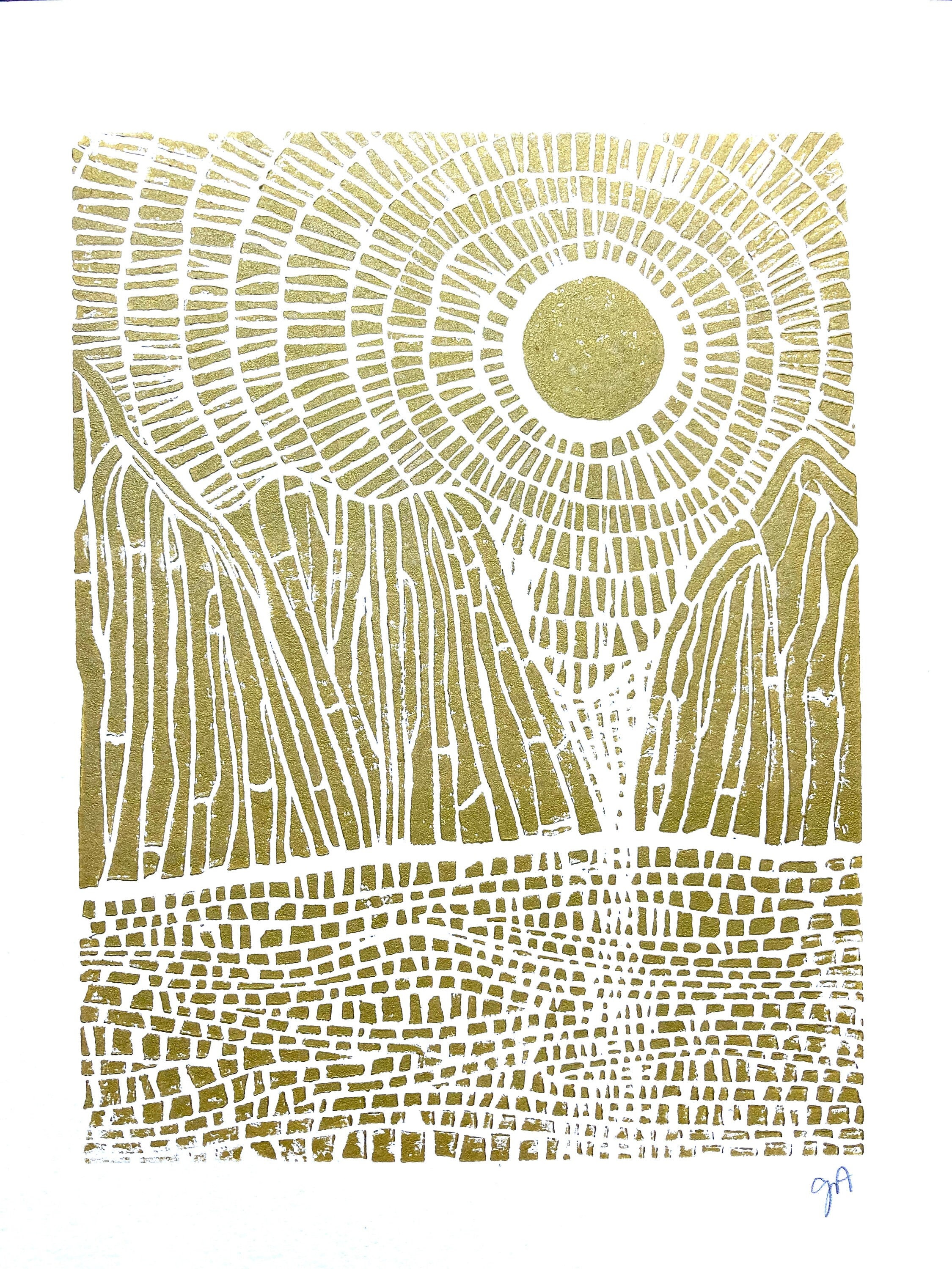 Fjords of Norway linocut print - 8x10 Gold linoleum block print - Sunset on the mountains - Travel poster in shimmery gold - Relief print