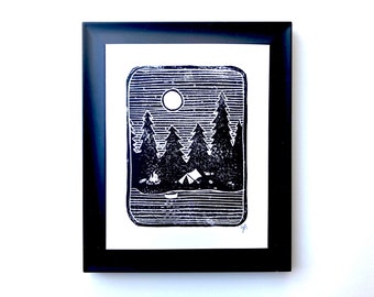 We love camping - Linocut relief print - Block print wall art - Camping in the woods poster - Tent, canoe, and bonfire under the full moon