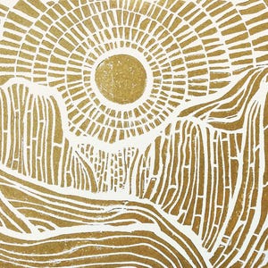 Goldener Sonnenuntergang, Berge, Wasserfall - Handgepresster Linoldruck - 8x10 Reiseposter - Nationalpark Landschaft - Original Reliefdruck