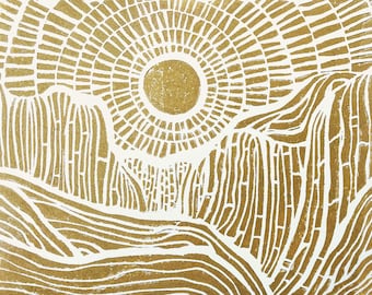Golden sunset, mountains, waterfall - Hand-pressed linocut print - 8x10 travel poster - National park landscape - Original relief print