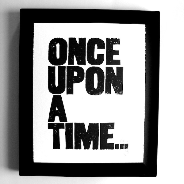 Once upon a time - BLACK letterpress linocut poster 8x10 - Fairy tale print for the modern nursery - Gallery wall art relief print