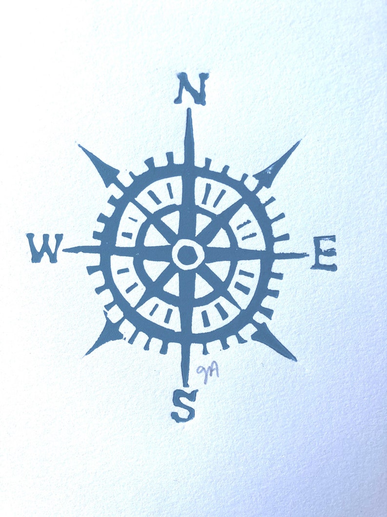 Nautical compass linocut print 8x10 hand pulled minimal maritime poster in blue-grey Map key linoleum block print Minimal wall art image 8