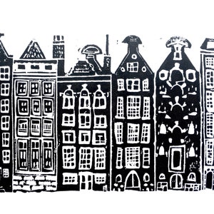 Maisons du canal d&#39;Amsterdam - Impression sur linoléum pressée à la main - Linogravure sur bois 8 x 10 en noir - Poster Pays-Bas