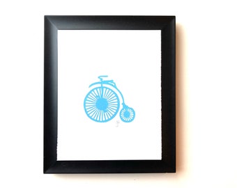 Antique big wheel bike (penny farthing) - light blue bicycle linocut print - Sky blue poster - Cornflower blue - Baby blue linoleum print