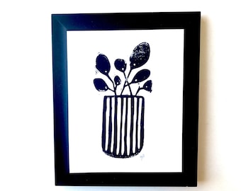 Jade Plant in a minimal Copenhagen pot - Linoleum block print - Scandinavian hand pulled linocut relief wall art 8x10 - Linoprint