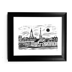Tjornin lake linocut - Iceland travel poster - Relief print - 8x10 Reykjavik linoleum block print - Buildings on the water - Travel poster
