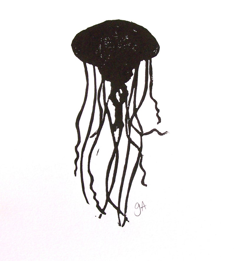 May include: Black ink illustration of a jellyfish on white paper. The jellyfish has a rounded bell shape with long, flowing tentacles. The artwork is a simple, yet striking, depiction of marine life.