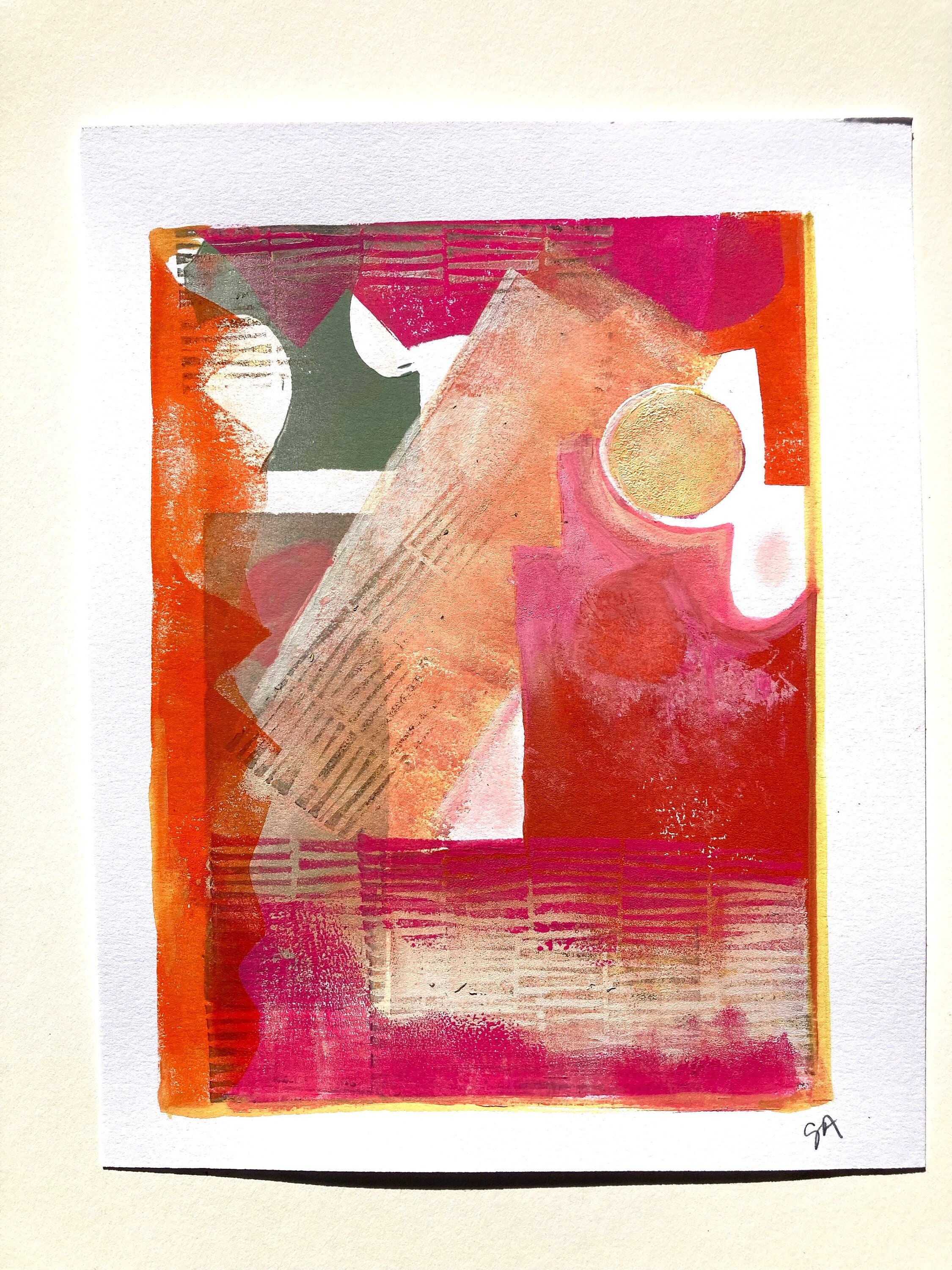 Monoprint - Abstract multi-color of a cityscape - Printmaking linocut wall art print - Linoleum block modern sunset painting in red orange