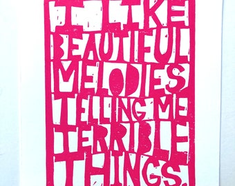 Tom waits quote HOT PINK wall art - linocut block print - I like beautiful melodies telling me terrible things 8x10 - Paper cut style