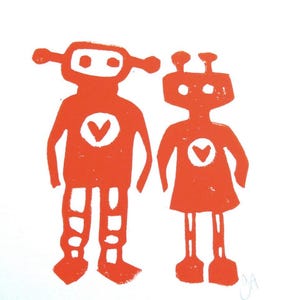 Robots in love - Orange hand-pulled linocut block print - Valentine linoleum block relief print - Hand pulled linoprint - Orange wall art