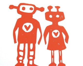 Robots in love - Orange hand-pulled linocut block print - Valentine linoleum block relief print - Hand pulled linoprint - Orange wall art